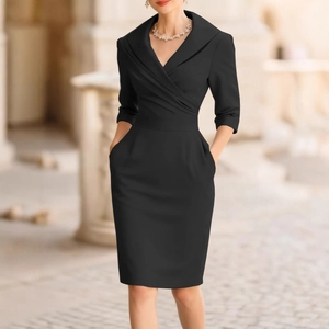 Elegant slim-fit black V-neck dress with 3/4 sleeves and pleated waist for formal workwear