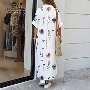 Women's floral print white midi shirt dress with lapel collar and short sleeves