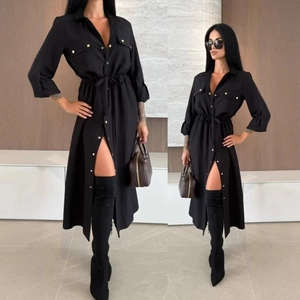 Damen Casual Einfarbig Langarm Hemdkleid Mit Knöpfen Kordelzug Taille Midi Kleid Mit Taschen Schlitz Fashion Outfit