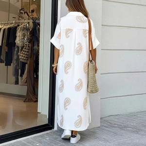 Women's white paisley print midi shirt dress with side slits and short sleeves back view