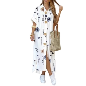 Elegant white floral print shirt dress with buttons and waist belt for women