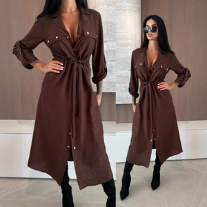 Damen Langarm Hemdkleid in Dunkelkaffee mit Taillenzug und Knopfleiste vorne