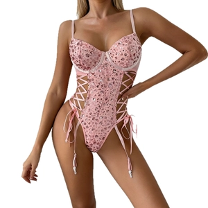 Body con paillettes rosa motivo leopardato con spalline regolabili e lacci laterali