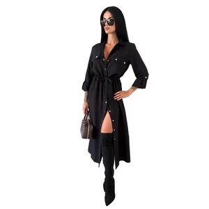 Eleganter schwarzer Langarm-Hemdkleid mit Goldknöpfen und Taillenband für Damen Mode