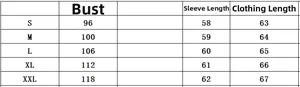 Detailed size chart for satin patchwork shirts including chest and sleeve measurements