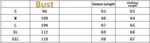 Detailed size chart for solid color satin long sleeve shirt including S-XXL dimensions