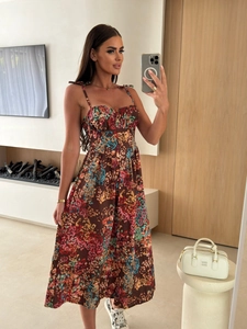 Detail of floral print pattern and button-down front on summer midi dress