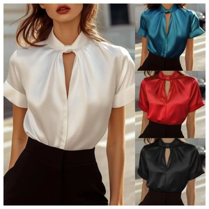 Elegant satin short sleeve blouse for women featuring a keyhole neckline and silky finish