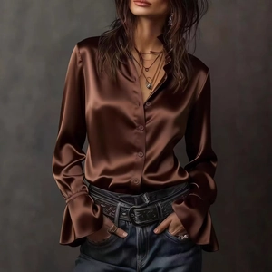 Chocolate brown satin long sleeve button-down shirt with flared cuffs and silky finish
