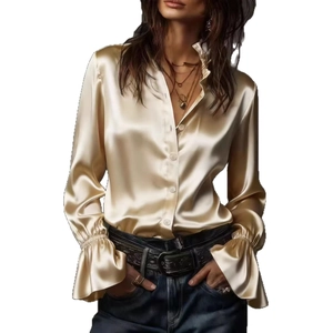 Elegant champagne satin shirt for women with balloon sleeves and a stand collar design