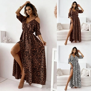 Abito Midi Sexy con Stampa Leopardata Scollo a V e Spalle Scoperte con Spacco Alto Vita Donna Vacanze Estive Abbigliamento