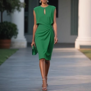 Detail of green sleeveless dress featuring a stylish keyhole neckline and ruched waist design