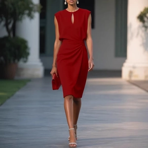 Detail of red sleeveless midi dress with waist drapes and teardrop neckline cutout