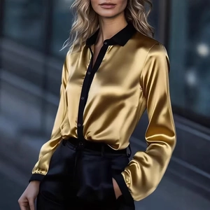 Elegant gold satin shirt with black contrast collar and buttons for professional office wear