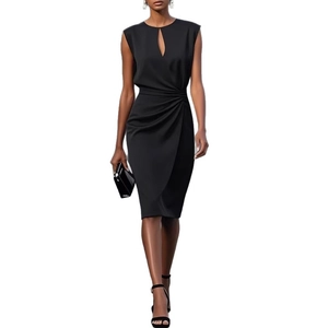 Elegant sleeveless black bodycon dress with teardrop cutout neckline and pleated waist detail