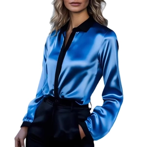 Elegant blue satin long sleeve blouse with black contrast collar and button placket