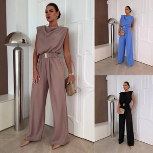 Combinaison Sans Manches à Col Bénitier Pour Femmes Pantalon Large Avec Ceinture Épaulettes Couleur Unie Tenue Élégante