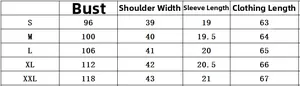 Detailed size chart for solid color short sleeve shirt showing bust and shoulder measurements