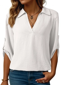 Detail of white V-neck shirt showing textured chiffon fabric and adjustable button sleeves