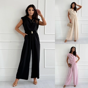 Damen Elegant Ärmellos Wasserfallausschnitt Weites Bein Jumpsuit Polyester Einfarbig Hohe Taille Gürtel Büro Party Einteiler