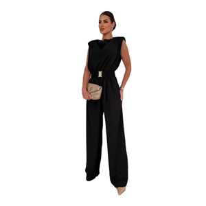 Combinaison pantalon noire sans manches pour femme avec épaulettes et taille ceinturée