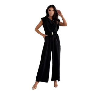 Eleganter schwarzer ärmelloser Jumpsuit mit weitem Bein und goldenem Gürtel
