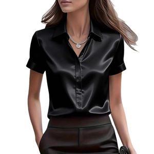 Women's black satin short sleeve button-down shirt with lapel collar in a slim fit