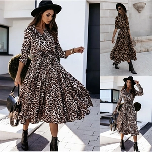 Damen Casual Leopardenmuster Langarm Midi Kleid V-Ausschnitt Hemdkleid Mit Gürtel Für Herbst Streetwear Mode Outfit