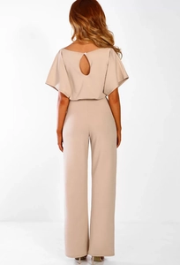 Rear view of beige wide-leg jumpsuit with ruffle sleeves and back teardrop cutout detail