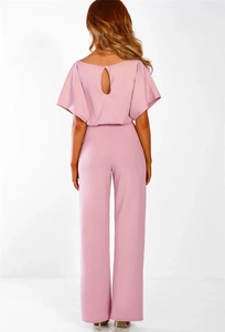 Back view of pink wide-leg jumpsuit with keyhole opening and button detail