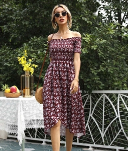 Detail of off-the-shoulder smocked bodice and floral print on burgundy chiffon dress