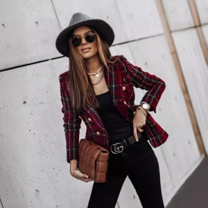 Women's vintage red plaid tweed blazer with gold buttons and tailored lapel collar