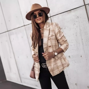 Chic beige plaid double-breasted tweed jacket with a classic lapel and long sleeves