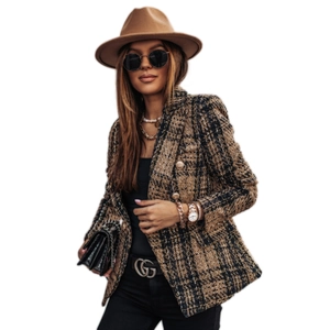 Women plaid long-sleeve coat with classic double-breasted buttons and lapel collar