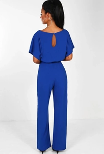 Back view of royal blue short sleeve jumpsuit featuring a stylish teardrop cutout detail