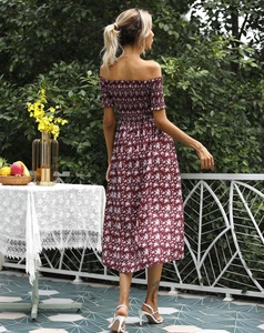 Rear view of floral off-shoulder midi dress in burgundy with smocking details
