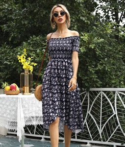 Deep blue floral off-the-shoulder dress with elastic smocking and ruffle sleeve details
