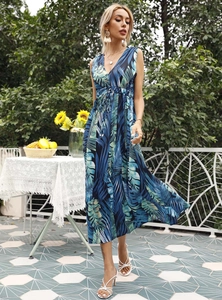Detail view of V-neck sleeveless long dress with tropical palm leaf print and drawstring waist