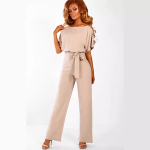 Elegant khaki off-shoulder short sleeve jumpsuit with waist tie and wide leg trousers