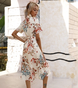 Close-up of floral print shirt dress with button-down collar and waist tie details