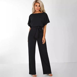 Women's black short sleeve wide leg jumpsuit with belted waist and batwing sleeves