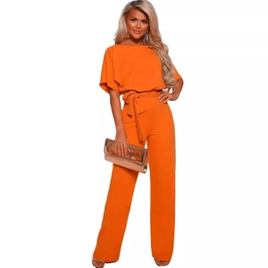 Women's bright orange button-down jumpsuit with belted waist and short batwing sleeves