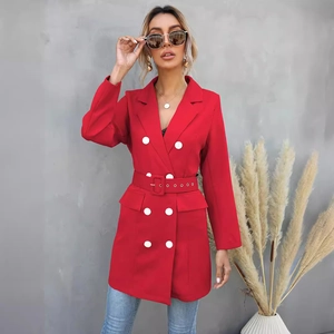 Elegant red double-breasted long blazer for women with a waist belt and white buttons