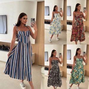 Robe Midi à Bretelles Sexy pour Femmes Imprimé Floral Coupe Ajustée Été Vacances Bohême Ligne A Dos Smocké