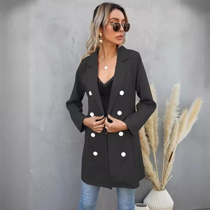 Women's black longline blazer with double-breasted white buttons and notched lapel