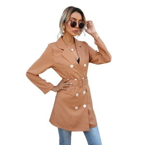 Elegant camel double-breasted long blazer with notched lapels and matching belt