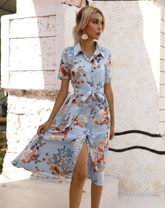 Detail view of light blue floral dress with single-breasted buttons and a waist tie