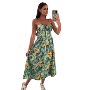Robe midi à fleurs tropicales pour femmes avec imprimé feuilles vertes et jaunes