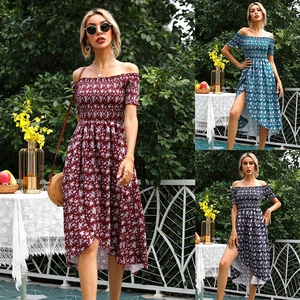 Women Summer Floral Off Shoulder Smocked Dress Short Sleeve High Low Hem Side Slit Casual Vacation Midi Sun Dress