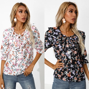 Camicetta da Donna in Chiffon con Stampa Floreale Scollo a V con Volant e Fiocco Maglia Casual Manica Lunga Pullover